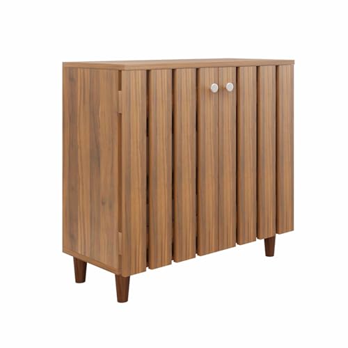 Image of VIKI | Shoe Rack with Window Pattern Ventilated Doors, Shoe Storage,Shoe Cabinet for Hallway, Organizer Unit for Entryway, Width 73cms, Brussel Walnut Colour | 1 Year Warranty