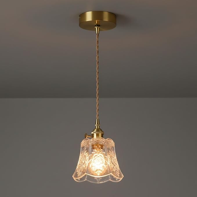 Lampa wisząca ze szkła w stylu vintage, lampa wisząca ze szkła z rzeźbionym motywem kwiatowym w stylu retro, elegancki żyrandol ze szkła z falistymi krawędziami, lampa sufitowa z połowy XX wieku do sy
