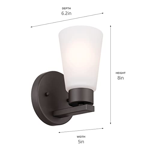 Image of Kichler Stamos Wall Sconce 1-Light with Satin Etched Glass, Modern Bathroom or Hallway Light in Olde Bronze, (8 inch H x 5 inch W x 6 inch D)