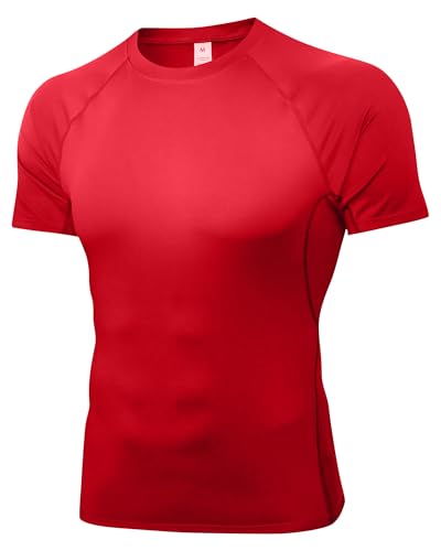 Image of POIHIDE Men's Compression Shirts Short Sleeve Sports Gym Quick Dry Tops Red