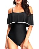 Model wearing Tempt Me Women's One Piece Swimsuit Vintage Off Shoulder Ruffled Bathing Suits
