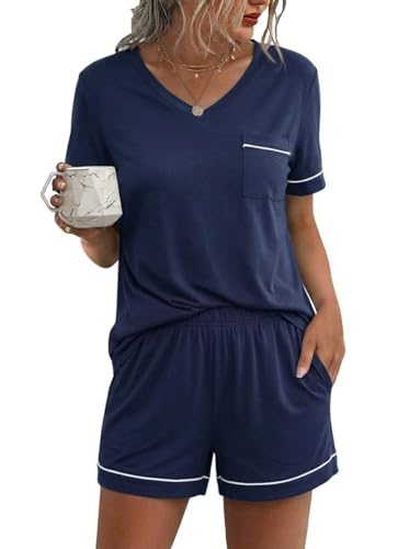 Image of Ekouaer Pajamas for Women Set Short Sleeve Loungewear Soft Pjs Shorts Set | V Neck Sleepwear with Pocket,Comfy Lounge Sets,Comfortable Fit,lightweight,Maternity,Gift,Sleeping & Bedtime,Lounging at Home
