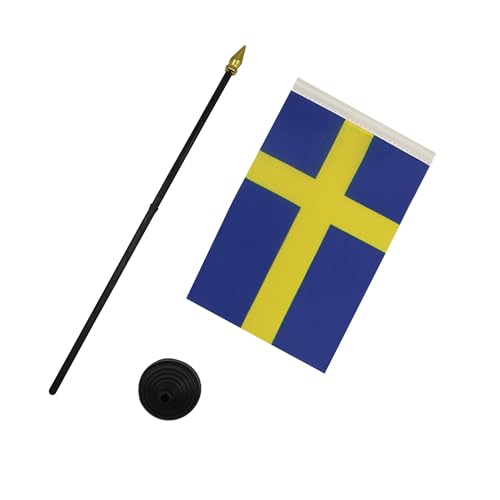 Image of AZ FLAG - Sweden Table Flag 4'' x 6'' - Swedish Mini Desk Flag 100% Polyester 15 x 10 cm - Office Banner with 10'' Pole - Golden Spear