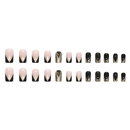 24 Pcs Black Press On Nails Medium Fake Nails Bevel Edge French Tip False Nails With Glue Gold Glitter Glue On Nails Artificial Acrylic Nails Square Stick On Nails For Women Girls #TOP4