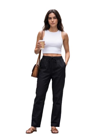 Image of THUMBA Women's Cotton Linen Wide Leg Pants | Elastic Waist Relaxed Fit Trousers | Breathable Summer Palazzo Pant with Pockets| Casual Office Travel Wear