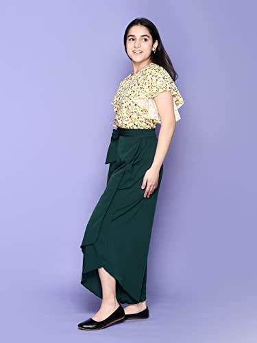 Image of LILPICKS Girls Floral Flutter Sleeve Top with Stylish Long Skirt Set (Yellow Teal Green)