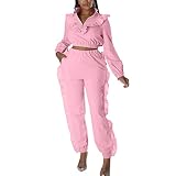 Ruffle Pants Suit for Women - 2 Pieces Outfits Long Sleeve Zipper Crop Tops + Agaric Edge Long Pants