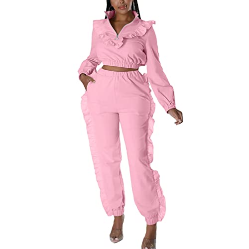 Ruffle Pants Suit For Women - 2 Pieces Outfits Long Sleeve Zipper Crop Tops + Agaric Edge Long Pants Set Tracksuits Pink #TOP25