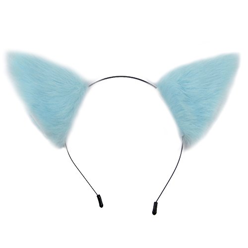 E-TING Cat Fox Fur Ears Headband Anime Party Costume ( Light Baby Blue with White inside )
