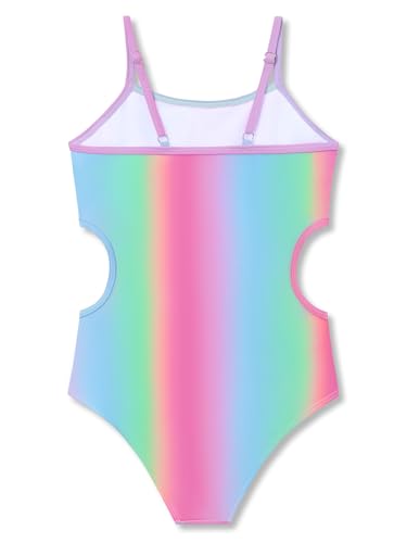 Image of Dvenki Big Girls Asymmetric Cutout Swimsuit Adjustable Straps Sizes 6X-16 | color block, leopard, tropical prints, front lined swimwear, removable pads, suitable for beach, vacation, pool play
