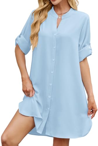 Image of PerZeal Womens Sexy V Neck Button Down Shirt Dresses Summer Short Sleeve Casual Loose Blouses & Button-Down Shifts Cover Ups