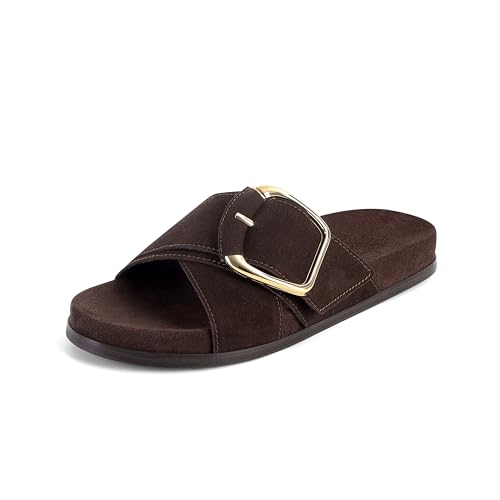Image of Flat Sandals for Women Cross Buckle Straps Slides Slip-On Comfortable Summer Vacation Beach Sandals