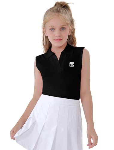 Image of EXARUS Girls Golf Polo Tennis Shirts Sleeveless Kids V-Neck Tank Tops | Equestrian UPF 50+ Quick Dry Clothes