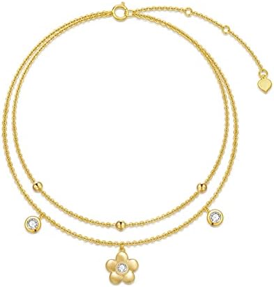 Rikelus Gold Anklets for Women 14K Real Gold, Flower Ankle Bracelet Ankle Jewelry Birthday Christmas Gift for Wife Girlfriend Her 8''+2'' (Style 1)