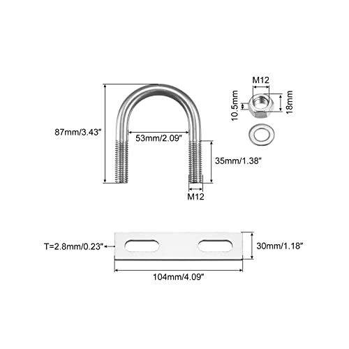 Image of uxcell Round U-Bolts, 53mm(2.09 inch) Inner Width 87mm Length M12 304 Stainless Steel U Clamp Bolt with Nuts Washers and Plates, for Boat Trailer