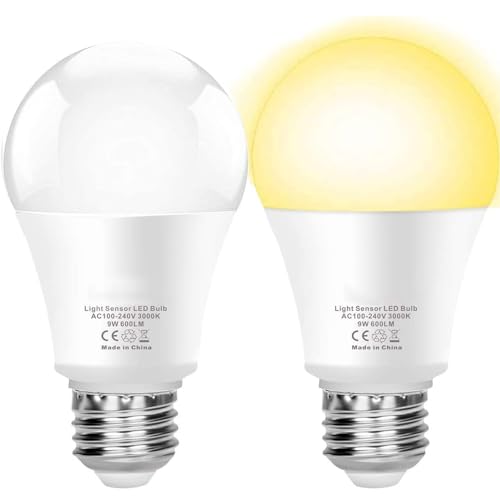 Boxlood Glühbirne mit Dämmerungssensor 9W LED E27 Sockel Warmweiß 3000K Integrierter Tageslichtsensor 80Watt Ersetzt Auto-Ein/Aus Lichtsensor 2 Stück