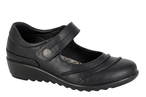 Boulevard Womens Touch Fasten Lightweight Casual Wide Fit Shoes with Wedge Heel Black (EEE Fitting) 6 UK