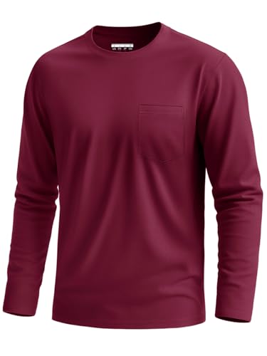 KEFITEVD Long Sleeve T Shirt Mens Burgundy Cotton Top Heavyweight Full Sleeve Plain T Shirts with Pocket Wine Red L
