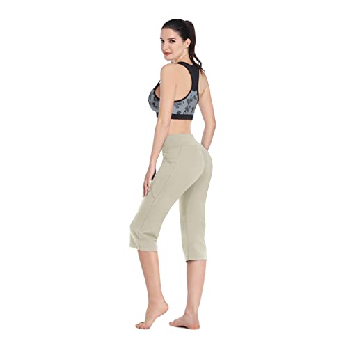 Hiskywin Women's Yoga Capri Pants Flare Workout Bootleg Pants Bootcut Crop Side Pockets Hf821-Beige-S #TOP3