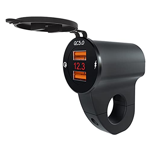Riloer Waterproof 12V Motorcycle QC3.0 Dual USB Charger Ports Power Adapter with Digital Voltmeter for Smartphones, Tablets and GPS(Black/Sliver)