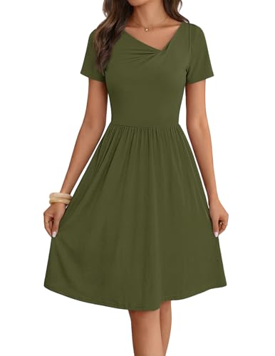 MEROKEETY Women's Asymmetrical V Neck Sundress 2026 Spring Summer Short Sleeve Ruched Casual A Line Mini Dresses Pockets, Army, Medium