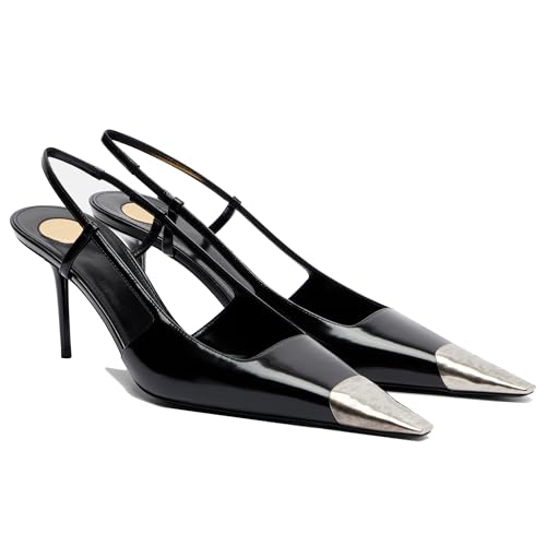 Women Black Pointed Toe Slingback Heels Stiletto Mid Heel Metal Closed Toe Slip on Backless Pumps Fashion Wedding Dressy Pumps