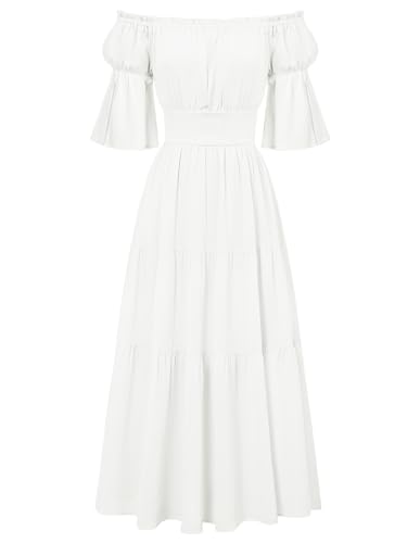 SCARLET DARKNESS Women Renaissance Dress Off The Shoulder Elegant Maxi Dress Short Sleeve Elastic Waist Smocked Long Dresses for Wedding Dinner Party White L