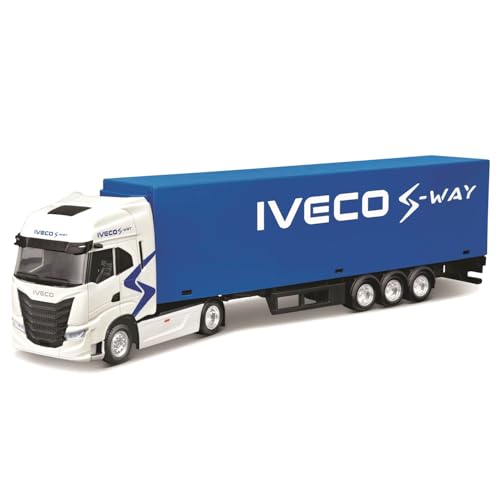 Bburago - Camion avec remorque IVECO S-Way 1:43, véhicule diecast Blanc et Bleu, modèle Statique détaillé avec remorque, Licence Officielle IVECO, âge recommandé 3+ Ans