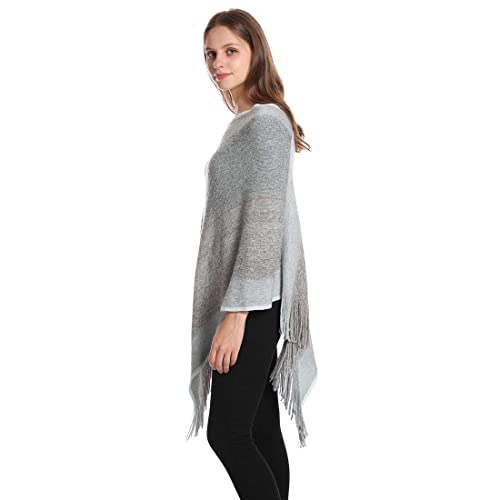 Image of Women's Elegant Knitted Shawl Poncho with Fringed V-Neck Striped Sweater Pullover Cape Gifts for Women Mom