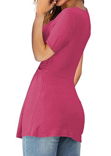 Image of Tankaneo Womens Front Knotted V-Neck Blouse T Shirt Short Sleeve Oversized Tunic Tops Summer Solid Pullover Tees