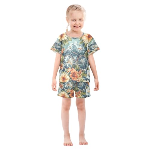 Pajama Sets Short Sleeve Bicycle Floral Mountain Soft Cotton Summer Sleepwear 2 Piece PJS Size 5-14T4