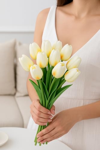 Image of Pink Olive Tulip Flowers Bunches | for Home Decor | Living Room, Corner Table, Bedroom, Wedding Party Decor, Gifting | Real Like Feel, Artificial Flower | Bunch of 05 (Offwhite Tulip)
