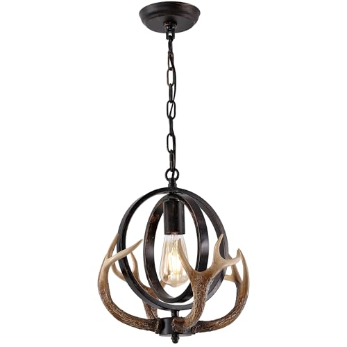 NEARLED Antler Globe Chandelier, 11.8" Rustic Metal Cage Pendant Light