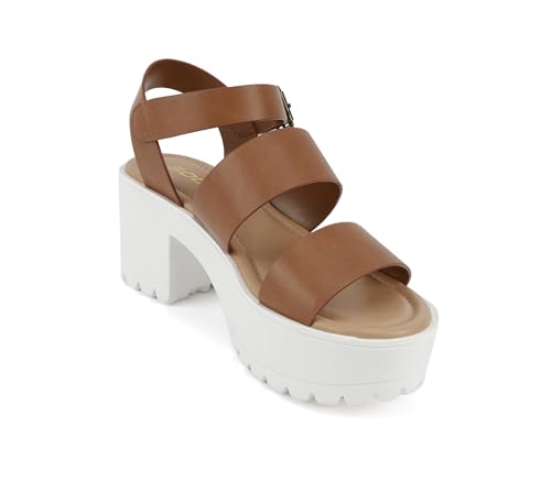 Image of Soda ACCOUNT ~ Women Open Toe Two Bands Lug sole Fashion Block Heel Sandals with Adjustable Ankle Strap