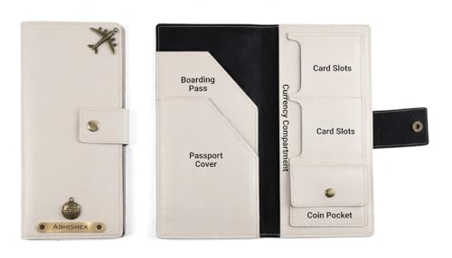 Image of AICA Personalized Name & Charm Long Leather Passport Cover with (Cream) Passport Boarding Pass Currency Card Slot & Coin Holder for Men & Women| Corporate Gift Employee Colleagues | Travel Wallet