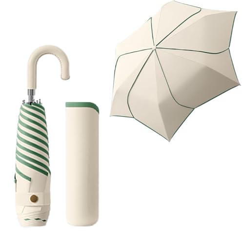 Petal Shape Folding Compact Travel Umbrella With PU Leather-Wrapped Hook-Shape Handle/6 Ribs/Portable Parasol/Lightweight/UV Protection/UPF 50+/Rain Sun/Backpack/Car/Teflon Coating/Women Kids