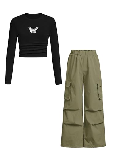 Image of Azmxynol Girls Clothes 2 Piece Outfit Ribbed T-Shirt Top + Cargo Pants, Girls Fall Clothing Set, Sizes 5-16 Years