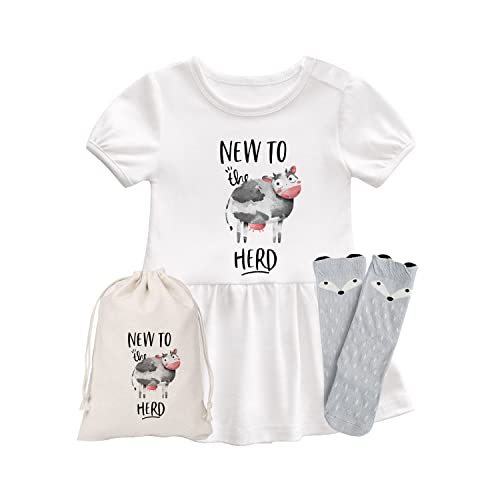 AOUYOA Baby Triplets Bodysuits New To Herd Cower Baby Funny Outfits Girl Dress Boy Romper Twins Infant Sock(ox girl GREY socks 3m 9M)