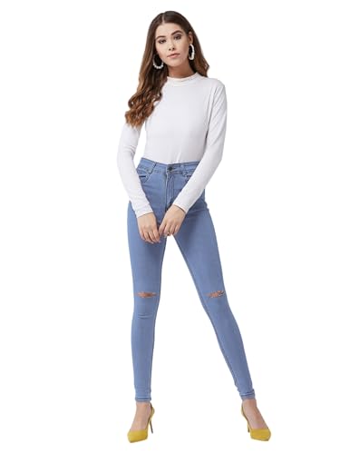 Image of Miss Chase Women's Skinny High Rise Cropped Fringed Hemline Detailing Stretchable Denim Jeans