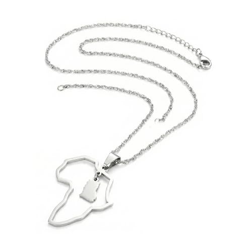 Stainless Steel Map of Africa Country Pendant Necklace, Africa Country Pendant Necklace Choker Map Outline Heart Jewelry (Silver