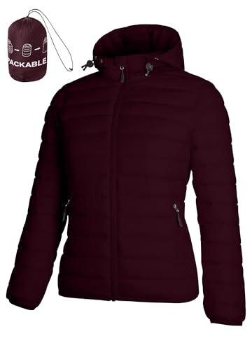 ATLASLAVA Women's Packable Puffer Jacket Hooded LightWeight Down Coat Winter Windproof Warm Quilted Short Wine Red XL