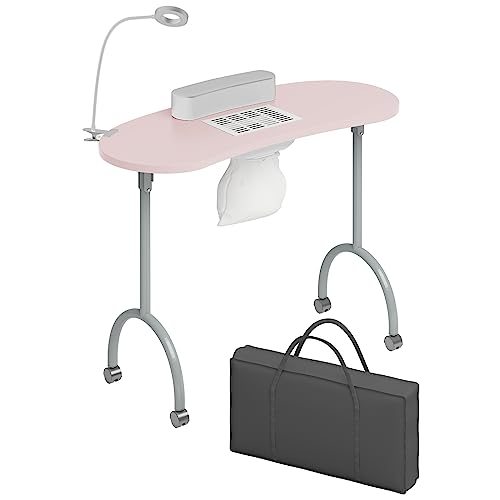 TABU Portable Manicure Nail Table, Foldable Manicure Table with Dust Collector Fan, LED Lamp, 4 Lockable Wheels and Carry Bag, Professional Nail Desk with Wrist Cushion (Pink)