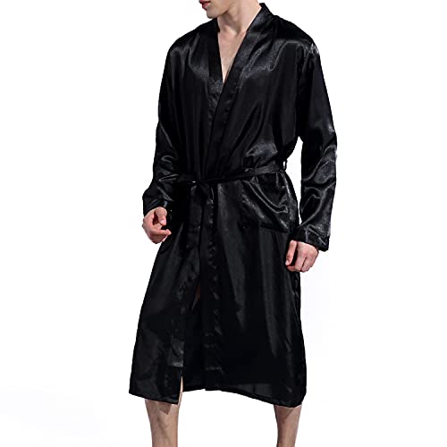 Lu's Chic Men's Satin Kimono Robe Silk Classic Long Bathrobe Pockets Lightweight Loungewear2