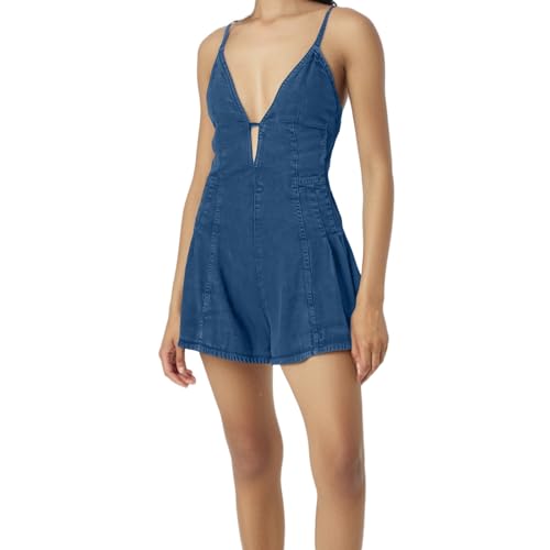 Duohropke Peto corto para mujer, elegante, mono de verano, sexy, sin mangas, vaquero, ancho de los años 90, con pierna ancha, con tirantes, informal, con tirantes, ropa de cama, suave, Azul oscuro., M