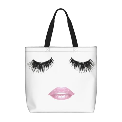 Eyelash Lip White Print Tote Bags, Large Capacity Zipper Shoulder Bag, For Shopping, Work, Daily