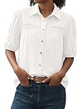Blusa de mujer de 100% algodón con mangas abullonadas, cuello en V y estampado calado, camisa de verano ligera de manga corta con ribete de volantes, camisa informal para abotonar, Blanco, S