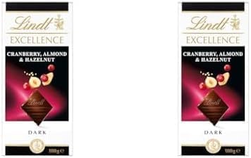 Lindt Excellence Dark Chocolate Tablet, Cranberry, Almond and Hazelnut, 100g (Pack of 2)