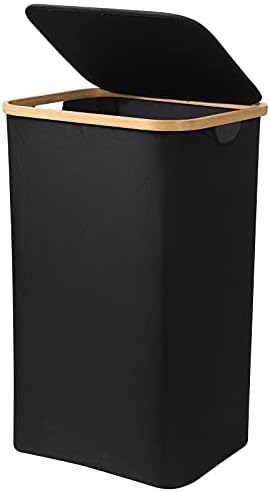 ACECHA 88L Bamboo Laundry Hamper with Lid, Collapsible Large Baskets with Lids | Handle, Water-proof Dirty Clothes Basket for Bedroom, Bathroom (Black)
