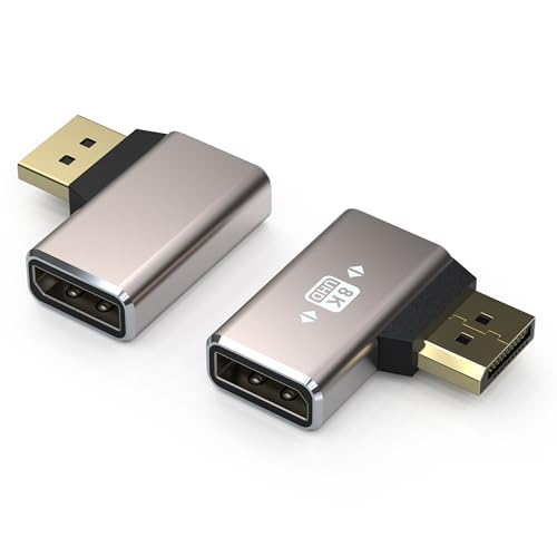 VMOJO 2 Pack DisplayPort Coupler Adapter, Alloy Shell 8K UHD HDR Displayport 1.4 90 Degree Left Angle Male to Female Extender Extension Connector Converter 8K@60Hz/4K@144Hz