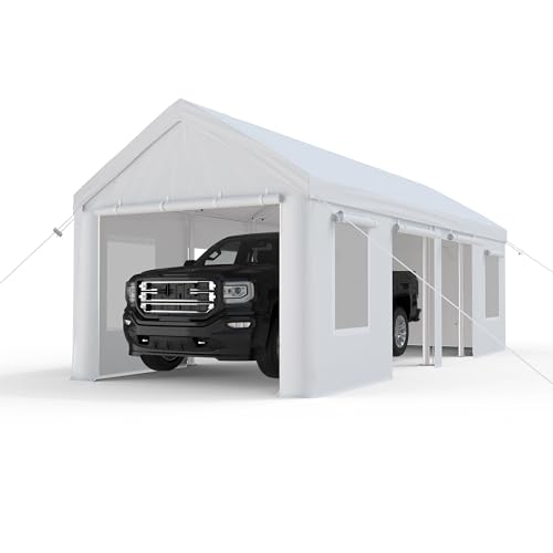13x25ft Carport, Heavy Duty Carport with Reinforced Steel Poles, Upgraded Portable Garage with Doors & Window, UV Resistant All-Season Waterproof Tarp, for Car, Truck, Boat(White)